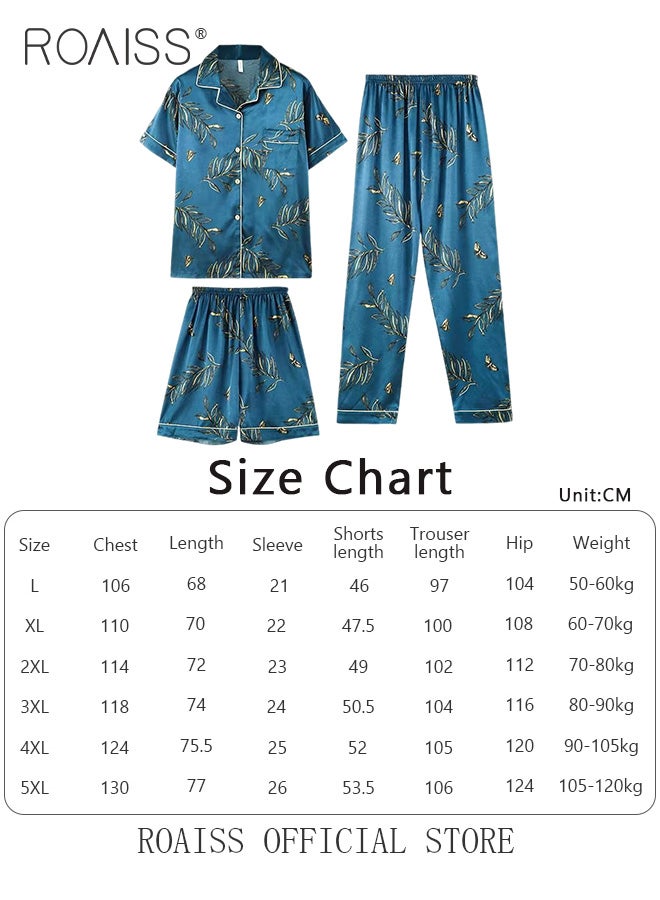 Men 3 Piece Loungewear Set   Short Sleeves Shorts & Long Pants   Ice Silk Pajamas Loose & Comfortable Skin Friendly Fabric