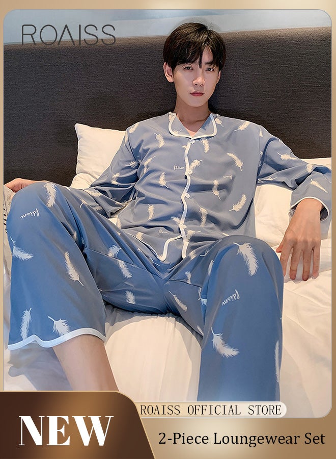 Mens Long Sleeve Sleepwear Set,Autumn Winter Men'S Pajama Set Warm Man Pajamas Set Simple Sleepwear Long Sleeve Cotton Pajamas For Men Top Pant Leisure Outwear