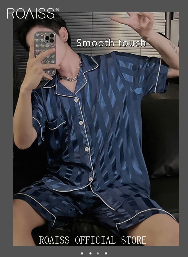 Men 2 Piece Loungewear Set Short Sleeves & Shorts Ice Silk Pajamas Comfortable Skin Friendly Fabric Ideal for Home & Outdoor Wear
