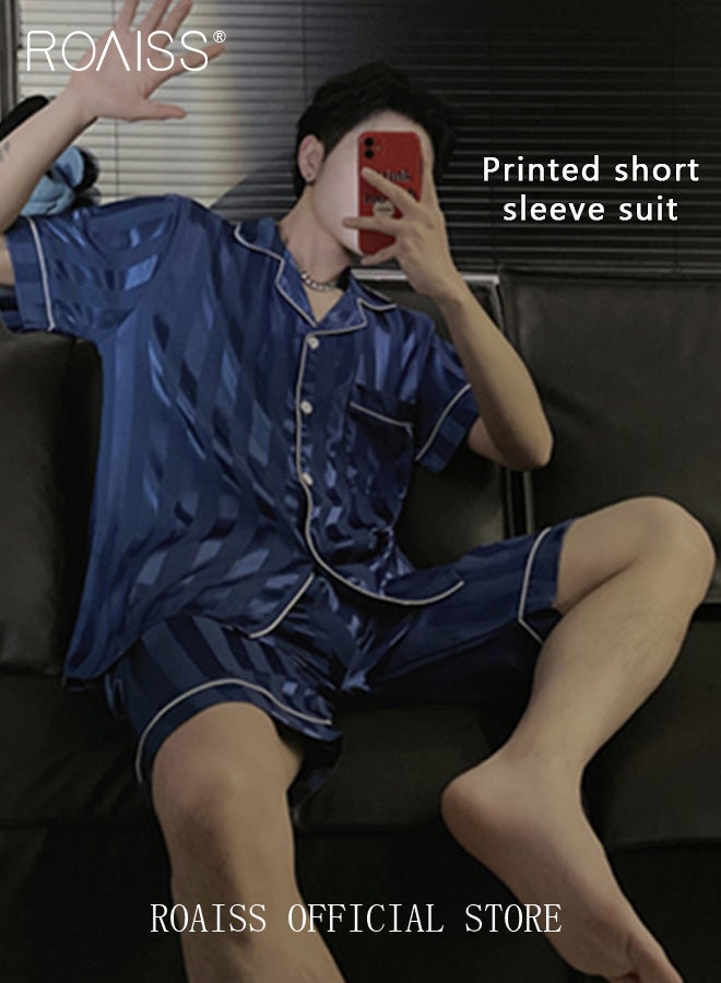 Men 2 Piece Loungewear Set Short Sleeves & Shorts Ice Silk Pajamas Comfortable Skin Friendly Fabric Ideal for Home & Outdoor Wear