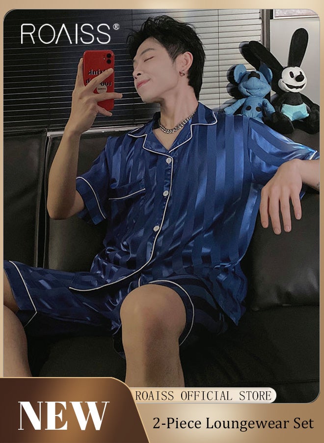 Men 2 Piece Loungewear Set Short Sleeves & Shorts Ice Silk Pajamas Comfortable Skin Friendly Fabric Ideal for Home & Outdoor Wear