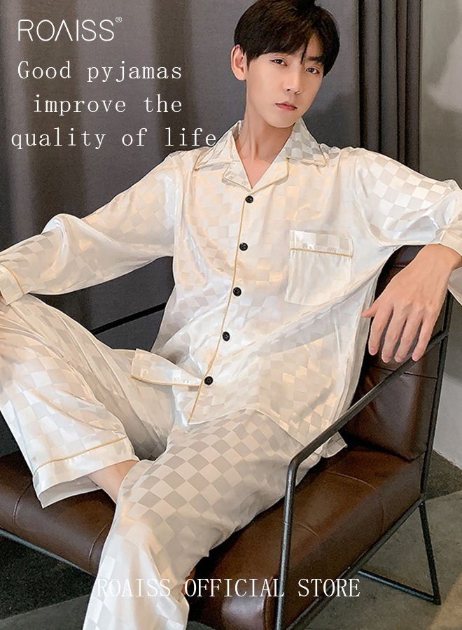 2-Piece Set Men's Long Sleeves Sleepwear Sets Satin Checked Printing Sleepwear Pajamas Pants Silk Nightgown Male Loose Shirts Spring Summer Loungewear Home Clothes