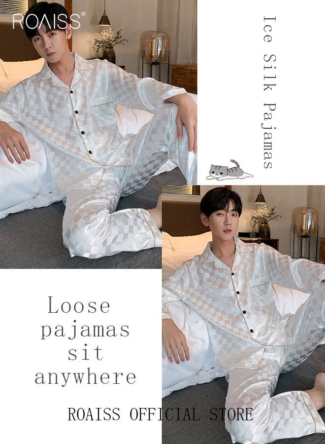 2-Piece Set Men's Long Sleeves Sleepwear Sets Satin Checked Printing Sleepwear Pajamas Pants Silk Nightgown Male Loose Shirts Spring Summer Loungewear Home Clothes