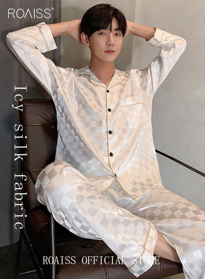 2-Piece Set Men's Long Sleeves Sleepwear Sets Satin Checked Printing Sleepwear Pajamas Pants Silk Nightgown Male Loose Shirts Spring Summer Loungewear Home Clothes