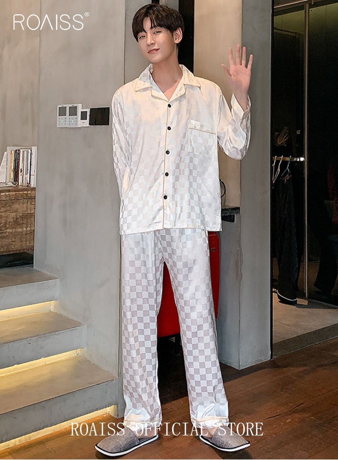 2-Piece Set Men's Long Sleeves Sleepwear Sets Satin Checked Printing Sleepwear Pajamas Pants Silk Nightgown Male Loose Shirts Spring Summer Loungewear Home Clothes