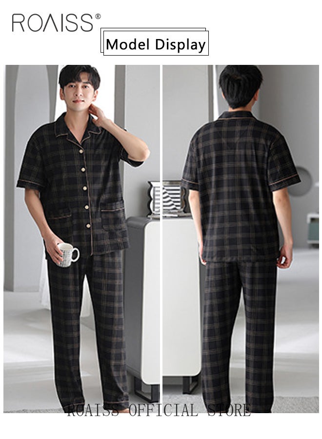 2-Piece Pajama Set Men's Cotton Short-Sleeved T-Shirt Long Pants Sets Grid Pattern Sleepwear Nightgown Male Loose Spring Summer Thin Loungewear Home Clothes