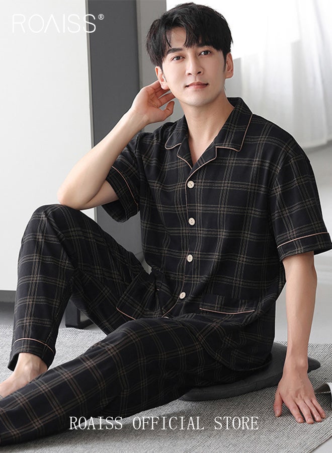 2-Piece Pajama Set Men's Cotton Short-Sleeved T-Shirt Long Pants Sets Grid Pattern Sleepwear Nightgown Male Loose Spring Summer Thin Loungewear Home Clothes