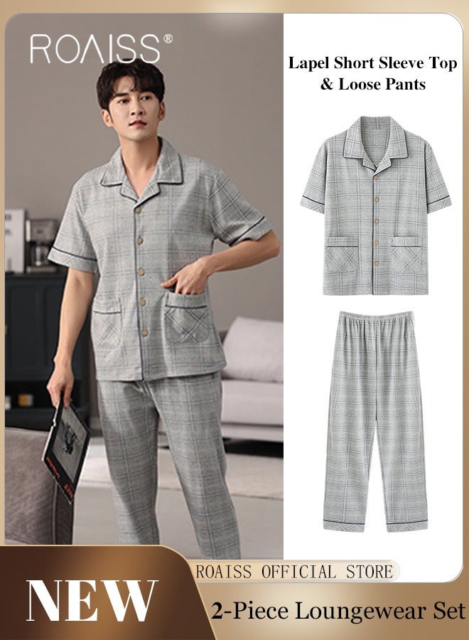 2-Piece Pajama Set Men's Cotton Short-Sleeved T-Shirt Long Pants Sets Grid Pattern Sleepwear Nightgown Male Loose Spring Summer Thin Loungewear Home Clothes