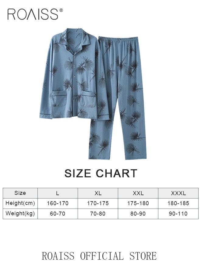 2-Piece Pajama Set Men's Cotton Long Sleeved T-Shirt Long Pants Sets Leaves Print Pattern Sleepwear Nightgown Male Loose Spring Summer Thin Loungewear Home Clothes