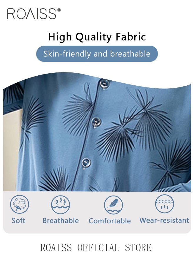 2-Piece Pajama Set Men's Cotton Long Sleeved T-Shirt Long Pants Sets Leaves Print Pattern Sleepwear Nightgown Male Loose Spring Summer Thin Loungewear Home Clothes