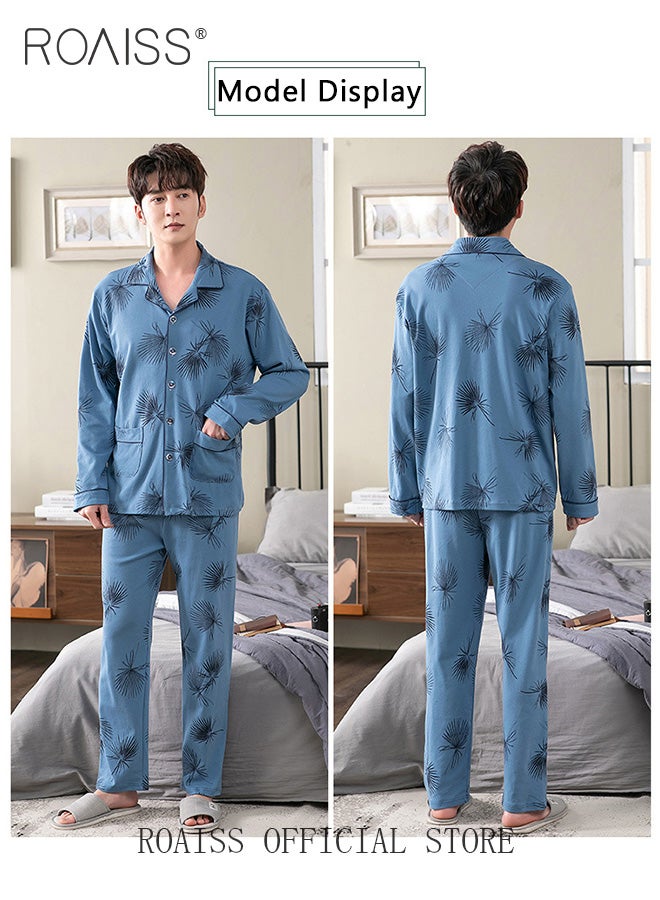 2-Piece Pajama Set Men's Cotton Long Sleeved T-Shirt Long Pants Sets Leaves Print Pattern Sleepwear Nightgown Male Loose Spring Summer Thin Loungewear Home Clothes