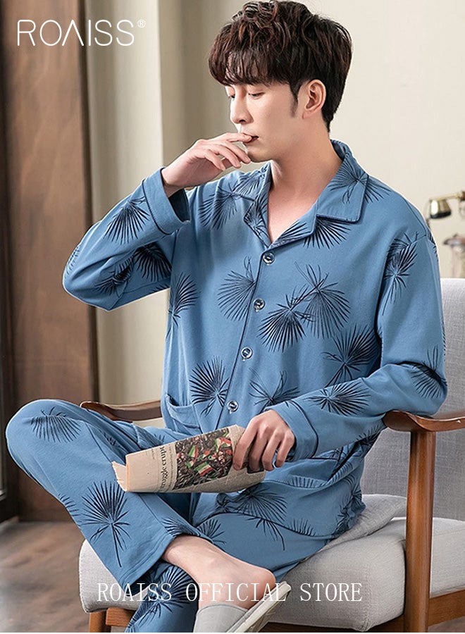 2-Piece Pajama Set Men's Cotton Long Sleeved T-Shirt Long Pants Sets Leaves Print Pattern Sleepwear Nightgown Male Loose Spring Summer Thin Loungewear Home Clothes