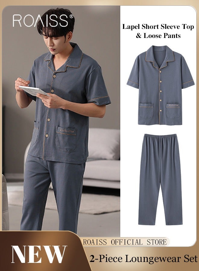 2-Piece Pajama Set Men's Cotton Short Sleeved Lapel Collar T-Shirt Long Pants Sets Solid Color Sleepwear Nightgown Male Loose Spring Summer Thin Loungewear Home Clothes