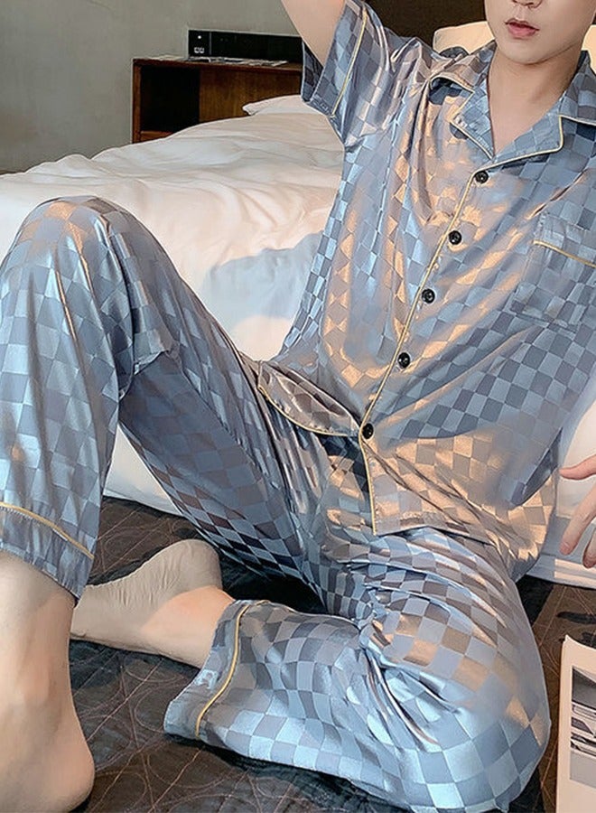 3-Piece Set Men's Short Sleeves Pajamas Pants Trousers Sleepwear Sets Satin Grid Printing Silk Nightgown Male Loose Shirts Spring Summer Loungewear Home Clothes