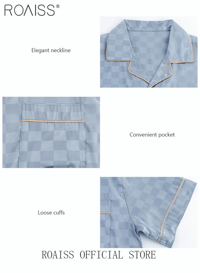 3-Piece Set Men's Short Sleeves Pajamas Pants Trousers Sleepwear Sets Satin Grid Printing Silk Nightgown Male Loose Shirts Spring Summer Loungewear Home Clothes