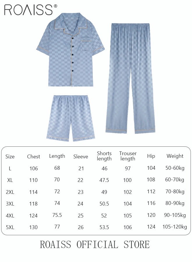 3-Piece Set Men's Short Sleeves Pajamas Pants Trousers Sleepwear Sets Satin Grid Printing Silk Nightgown Male Loose Shirts Spring Summer Loungewear Home Clothes