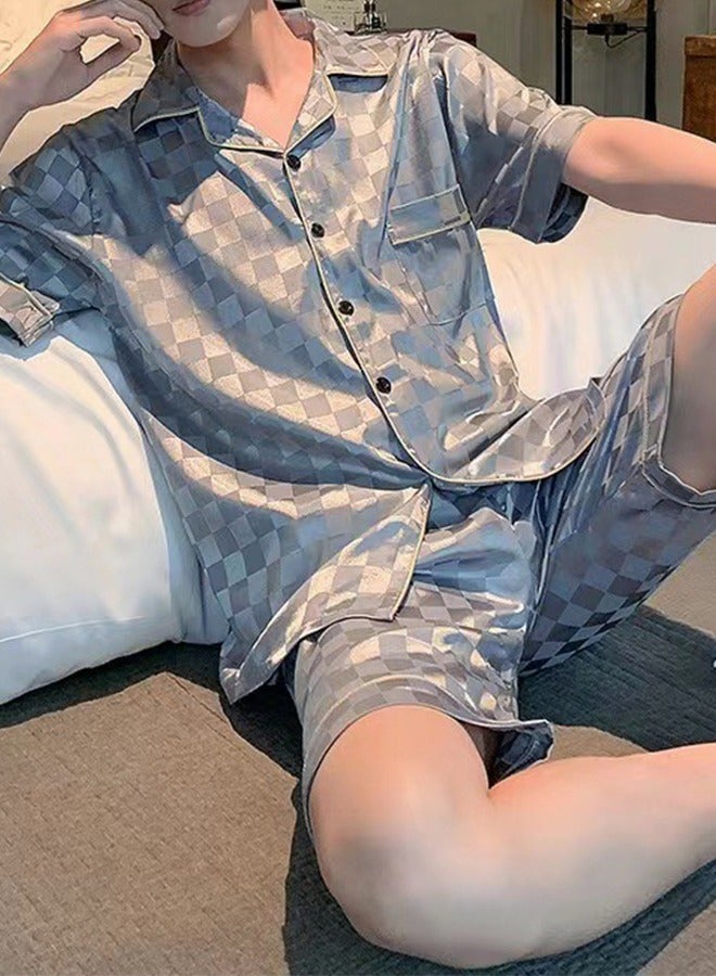 3-Piece Set Men's Short Sleeves Pajamas Pants Trousers Sleepwear Sets Satin Grid Printing Silk Nightgown Male Loose Shirts Spring Summer Loungewear Home Clothes