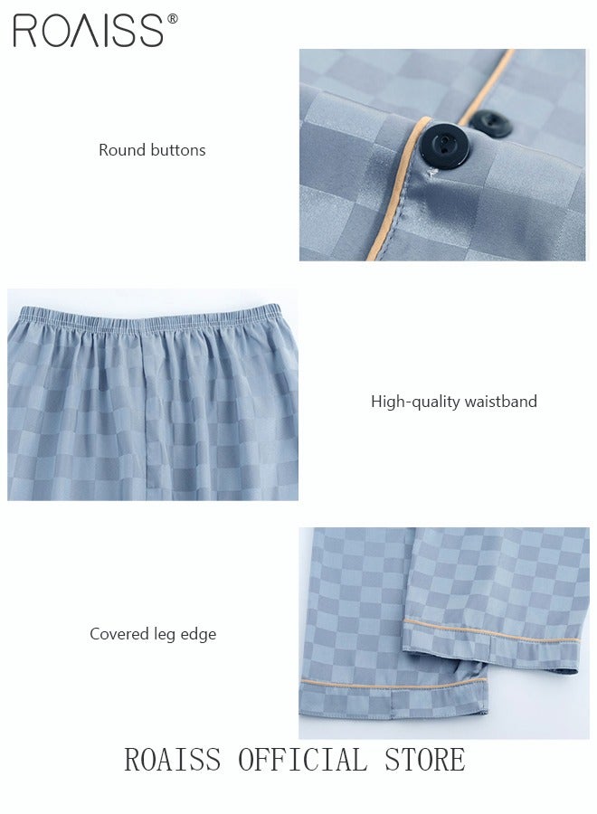 3-Piece Set Men's Short Sleeves Pajamas Pants Trousers Sleepwear Sets Satin Grid Printing Silk Nightgown Male Loose Shirts Spring Summer Loungewear Home Clothes