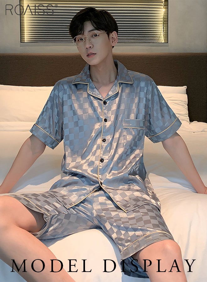 2 Piece Set Of Ice Silk Satin Plaid Printed Pajamas For Men Daily Wear Lapel Button Open Shirt And Elastic Waist Shorts Set Home Wear