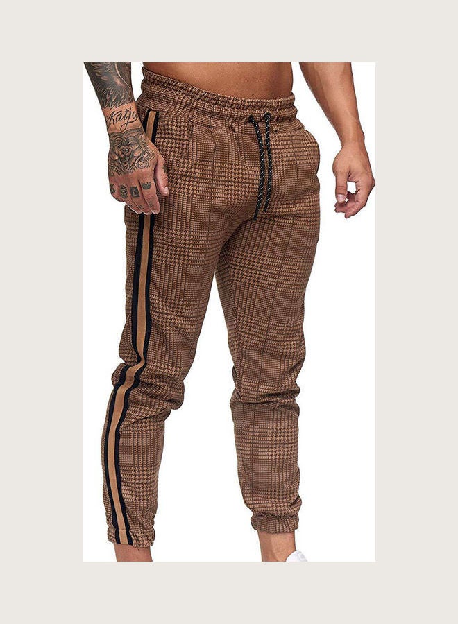 Men Casual Pocket Stripe Plaid Print Drawstring Long Ankle Tied Trousers Light Khaki