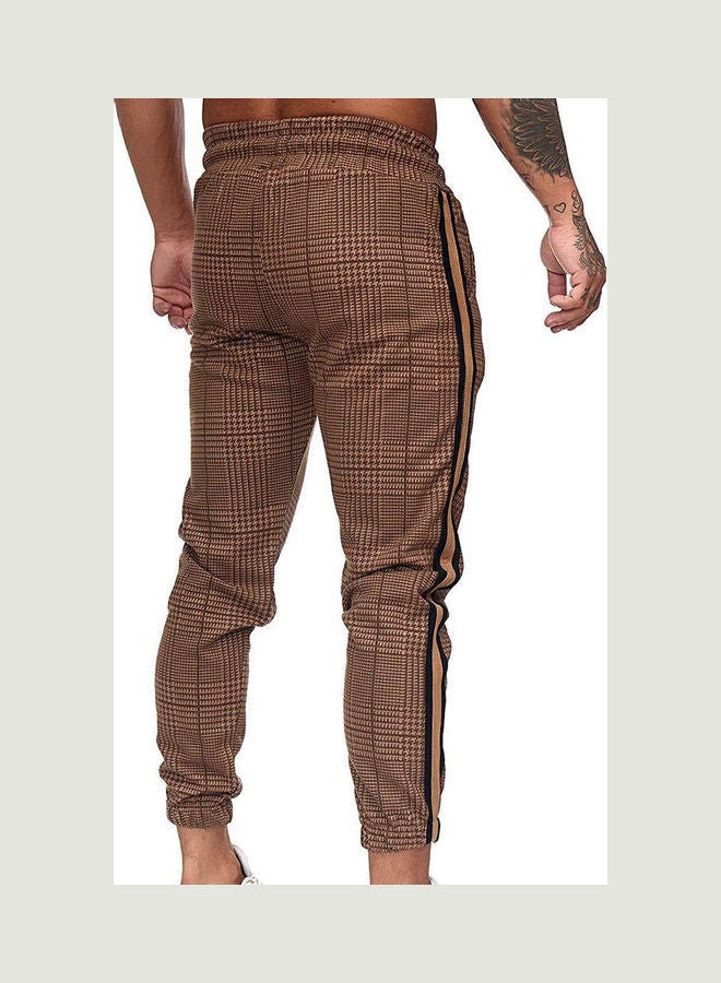 Men Casual Pocket Stripe Plaid Print Drawstring Long Ankle Tied Trousers Light Khaki