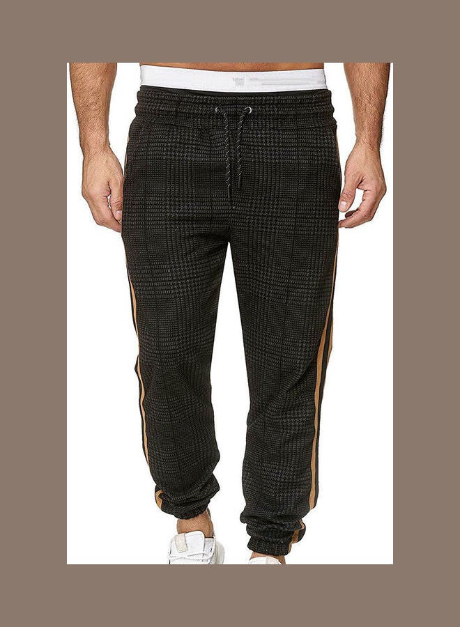 Men Casual Pocket Stripe Plaid Print Drawstring Long Pants Trousers Black