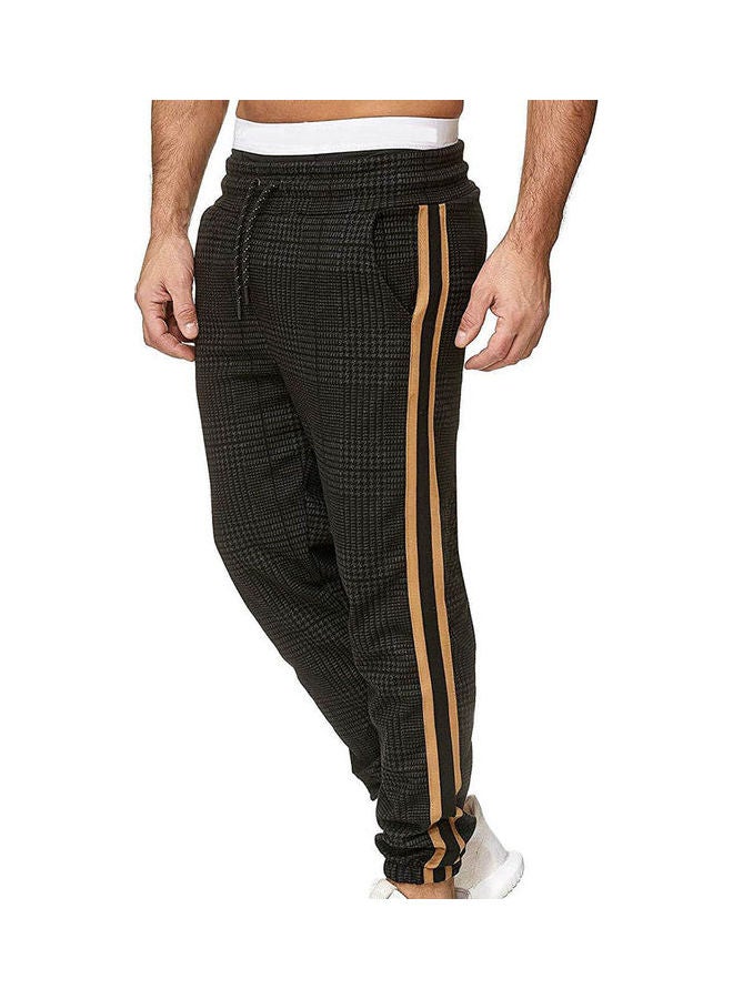 Men Casual Pocket Stripe Plaid Print Drawstring Long Pants Trousers Black
