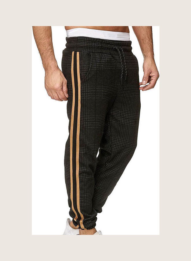 Men Casual Pocket Stripe Plaid Print Drawstring Long Pants Trousers Black