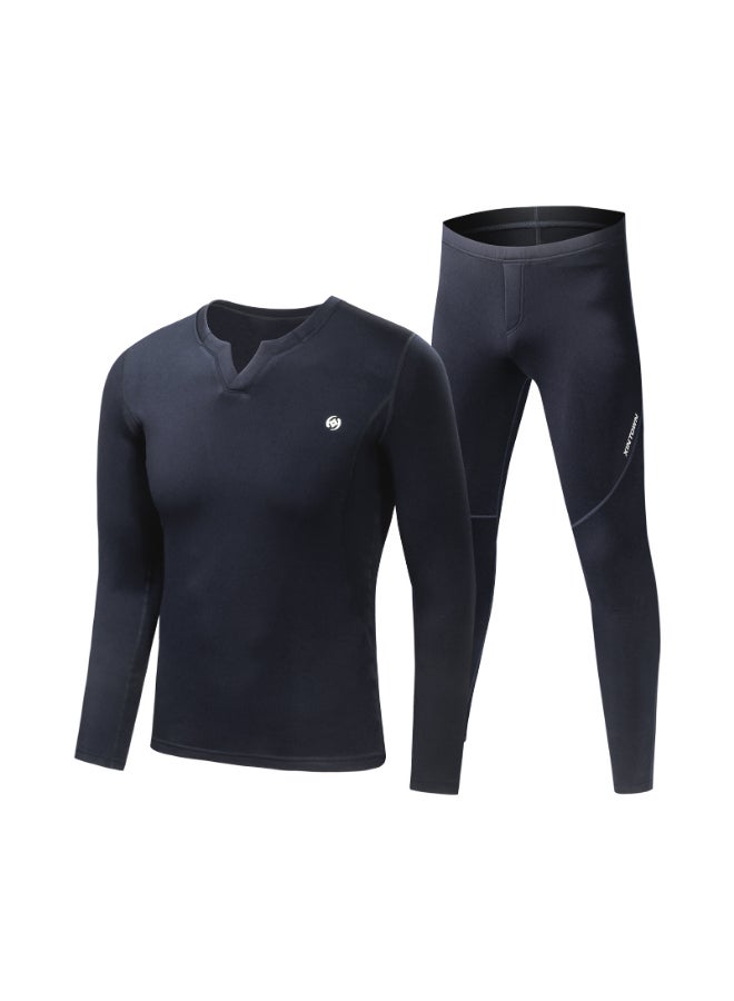 2-Piece V Neck Long Sleeve Top Pants Long Johns Set Dark blue