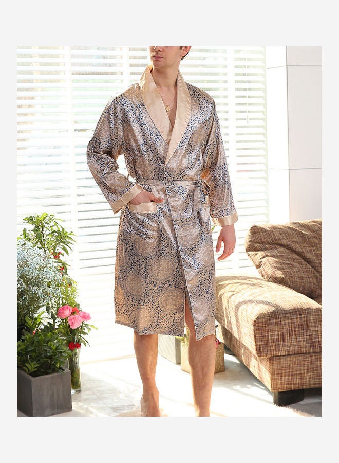 Printed Long Sleeves Robe And Shorts Set Beige/Grey