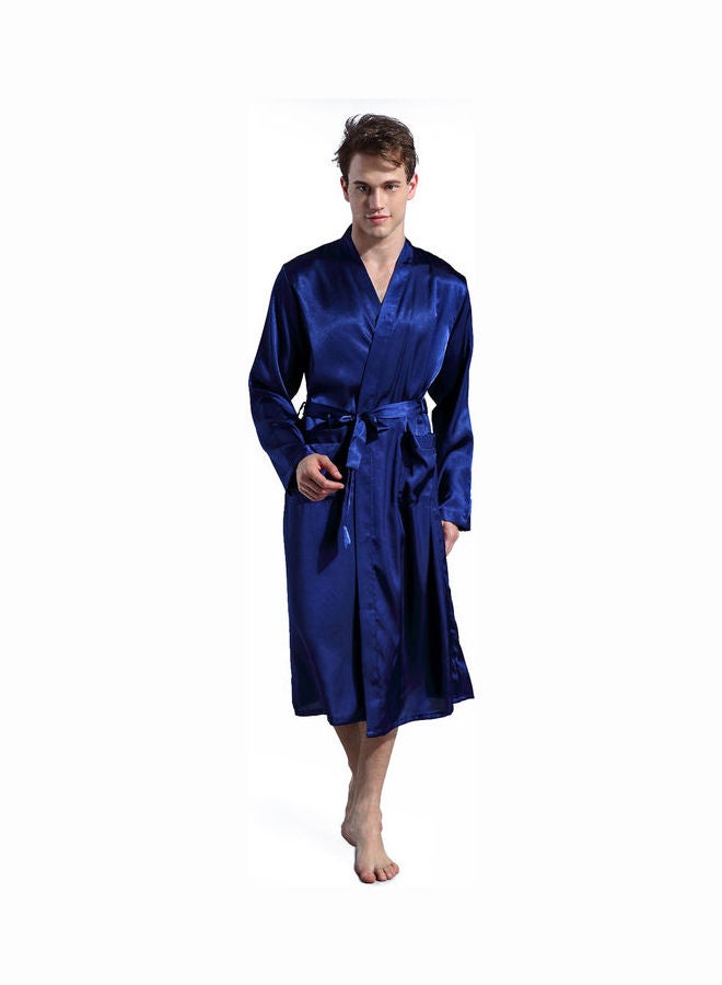 Solid Belted Night Robe Dark Blue