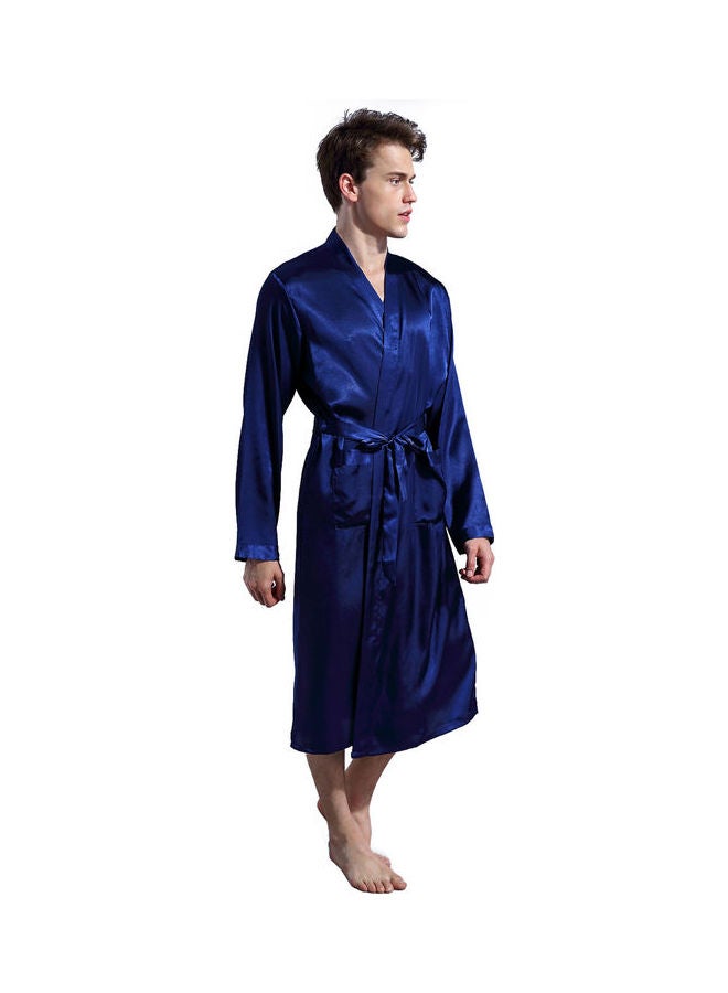 Solid Belted Night Robe Dark Blue