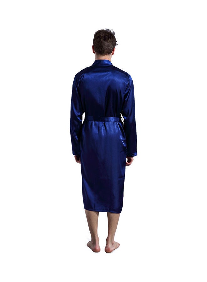 Solid Belted Night Robe Dark Blue