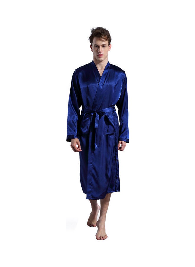 Solid Belted Night Robe Dark Blue