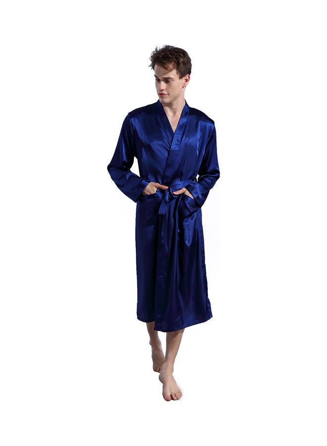 Solid Belted Night Robe Dark Blue