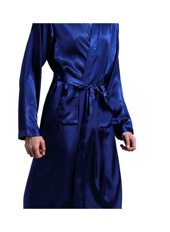 Solid Belted Night Robe Dark Blue