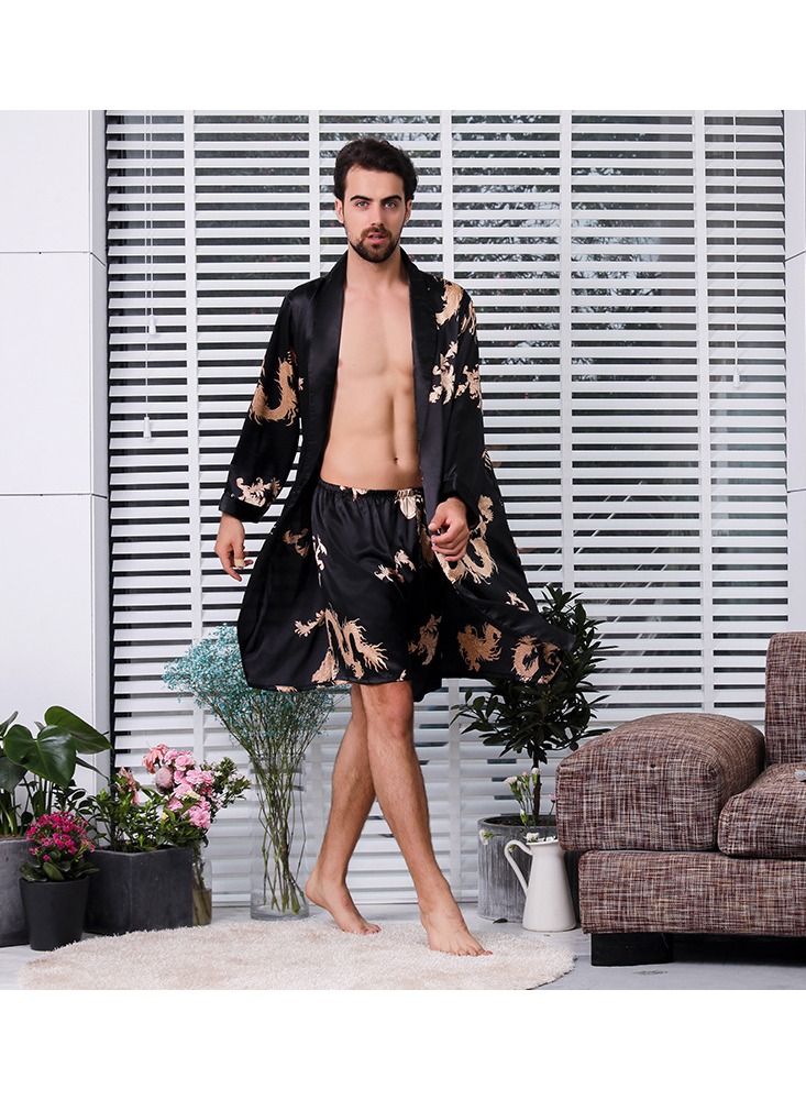 Printed Silk Robe Black