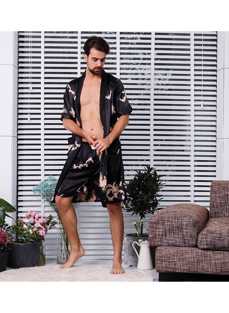 Printed Silk Robe Black