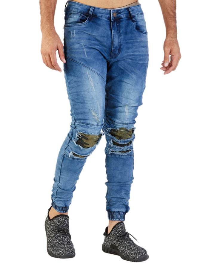 Patched Ripped Denim Jeans Blue