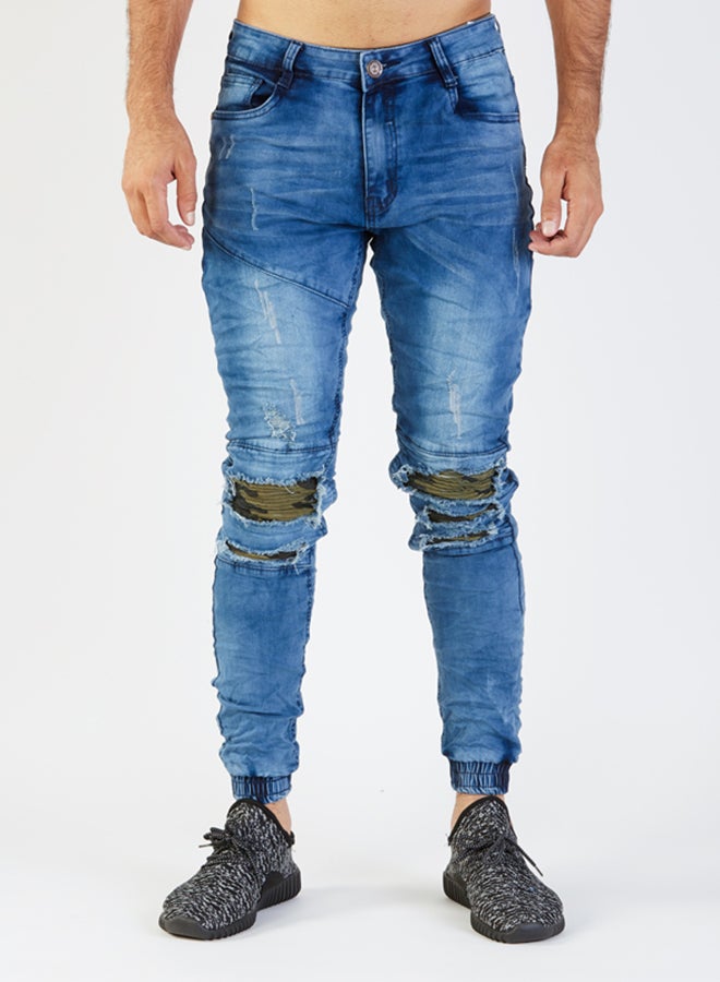 Patched Ripped Denim Jeans Blue