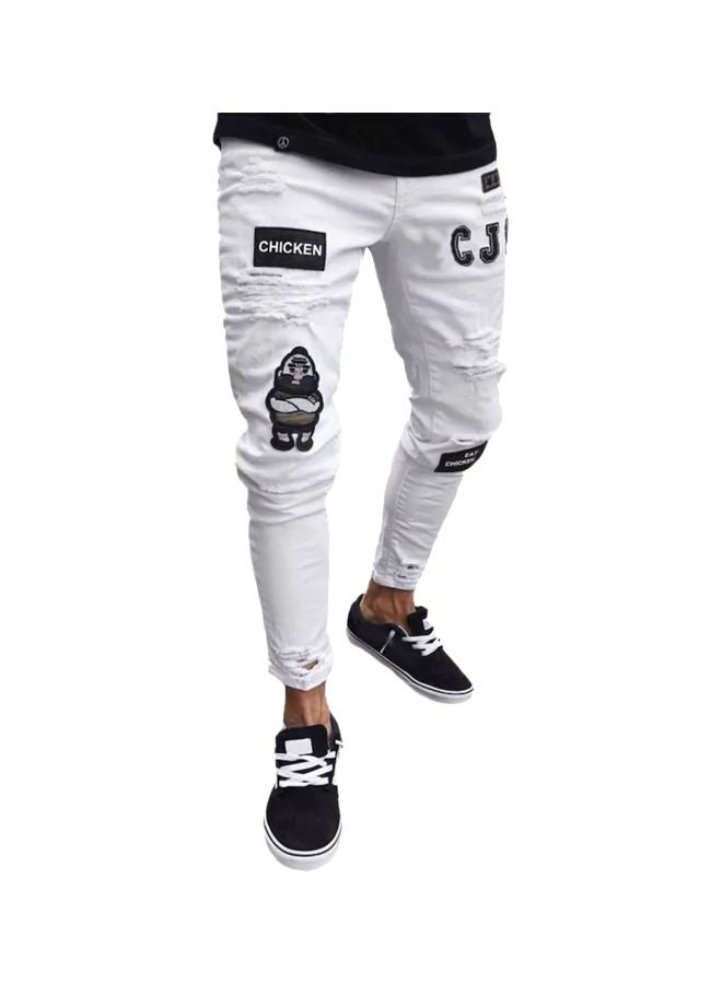 Patch Work Designed Ripped Jeans White/Black