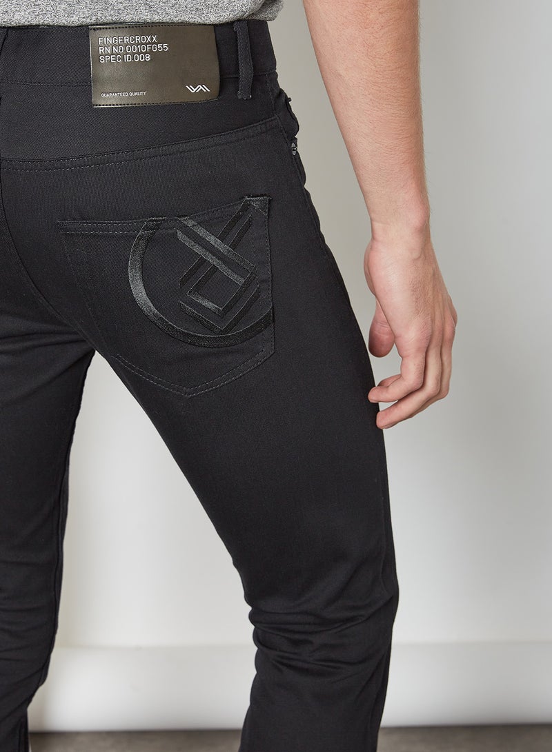 Basic Embroidered Pocket Jeans Black