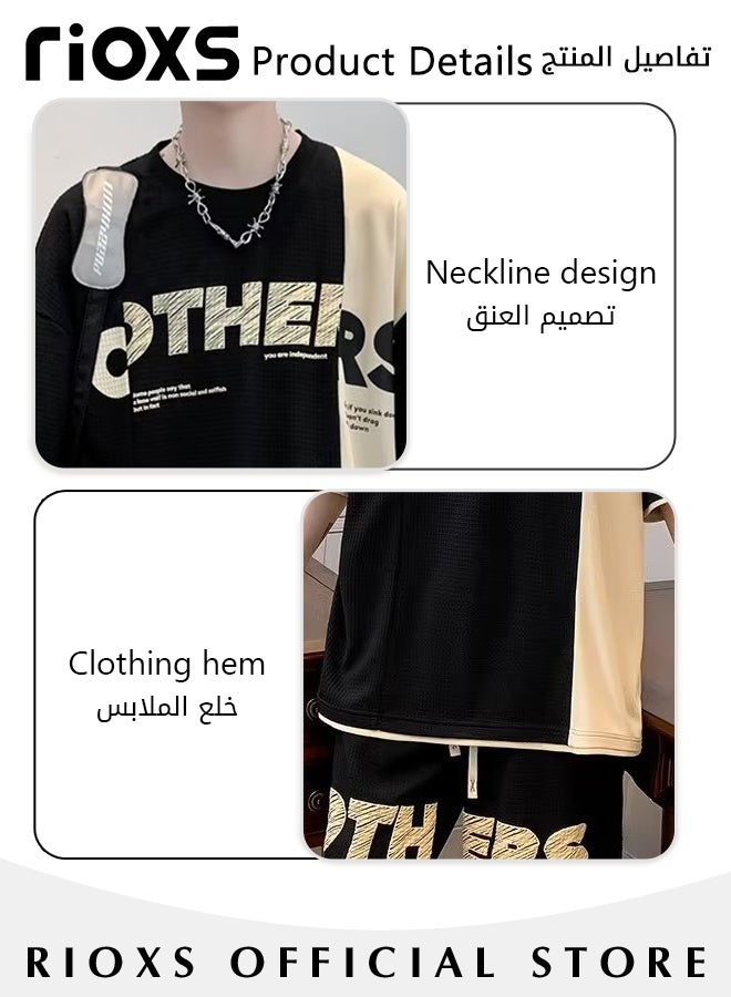Men's Two Piece Set,Comfy Waffle Outfits,Loose Short-Sleeved Tops And Drawstring Waist Shorts,Casual Fashionable Colour Blocking Short Sleeve T-shirt And Shorts,Crewneck Tee And Shots For Men