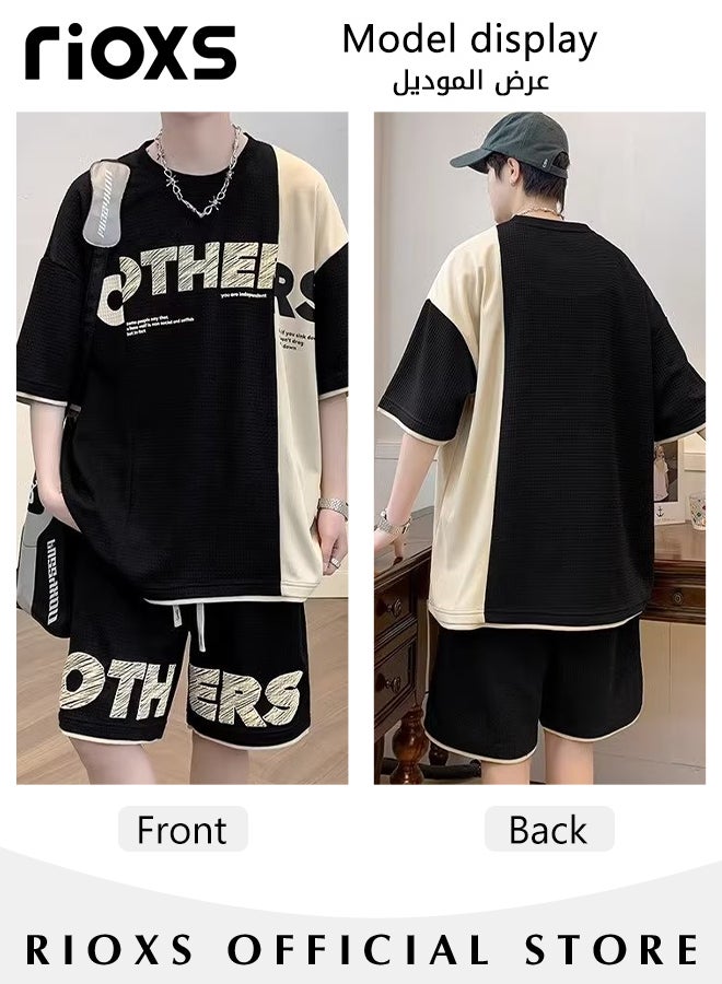 Men's Two Piece Set,Comfy Waffle Outfits,Loose Short-Sleeved Tops And Drawstring Waist Shorts,Casual Fashionable Colour Blocking Short Sleeve T-shirt And Shorts,Crewneck Tee And Shots For Men