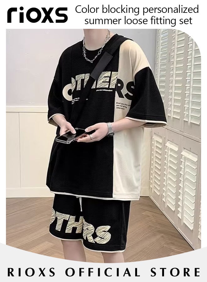 Men's Two Piece Set,Comfy Waffle Outfits,Loose Short-Sleeved Tops And Drawstring Waist Shorts,Casual Fashionable Colour Blocking Short Sleeve T-shirt And Shorts,Crewneck Tee And Shots For Men