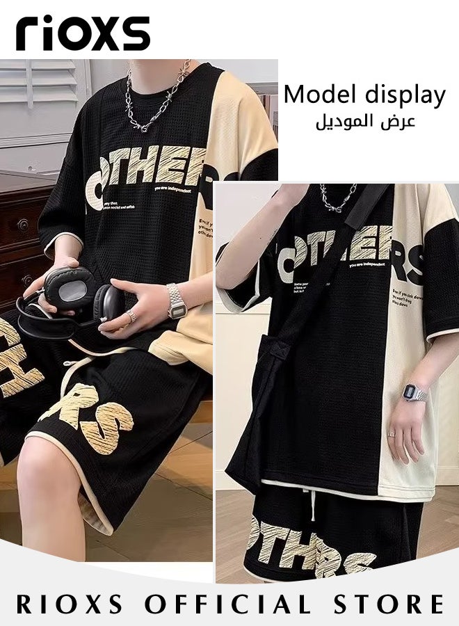 Men's Two Piece Set,Comfy Waffle Outfits,Loose Short-Sleeved Tops And Drawstring Waist Shorts,Casual Fashionable Colour Blocking Short Sleeve T-shirt And Shorts,Crewneck Tee And Shots For Men