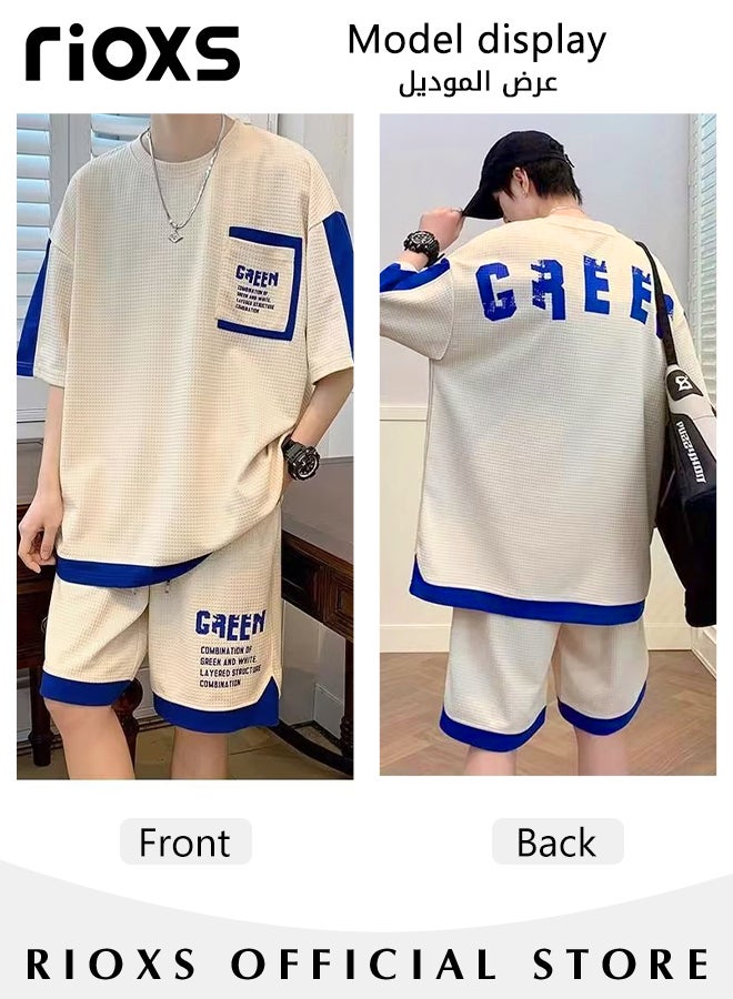 Men's Two Piece Waffle Outfits Casual Tops and Drawstring Waist Shorts Fashionable Monogram Print Short Sleeve and Shorts Set