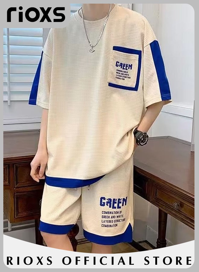 Men's Two Piece Waffle Outfits Casual Tops and Drawstring Waist Shorts Fashionable Monogram Print Short Sleeve and Shorts Set