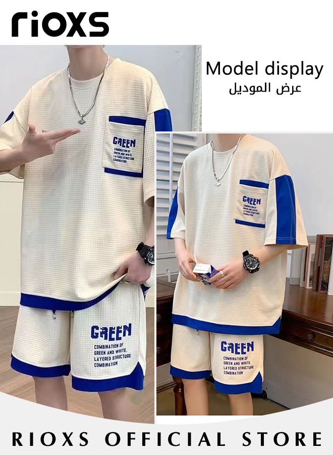 Men's Two Piece Waffle Outfits Casual Tops and Drawstring Waist Shorts Fashionable Monogram Print Short Sleeve and Shorts Set