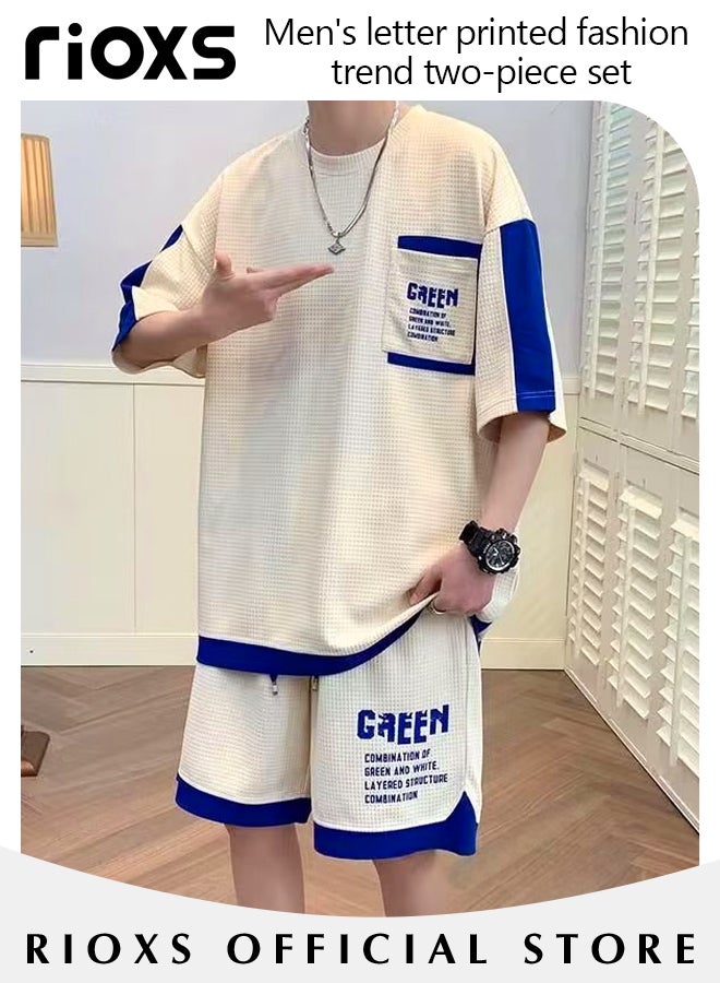 Men's Two Piece Waffle Outfits Casual Tops and Drawstring Waist Shorts Fashionable Monogram Print Short Sleeve and Shorts Set